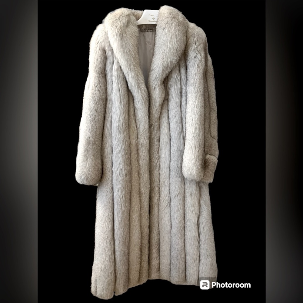 stunning Saga Fox white fox coat